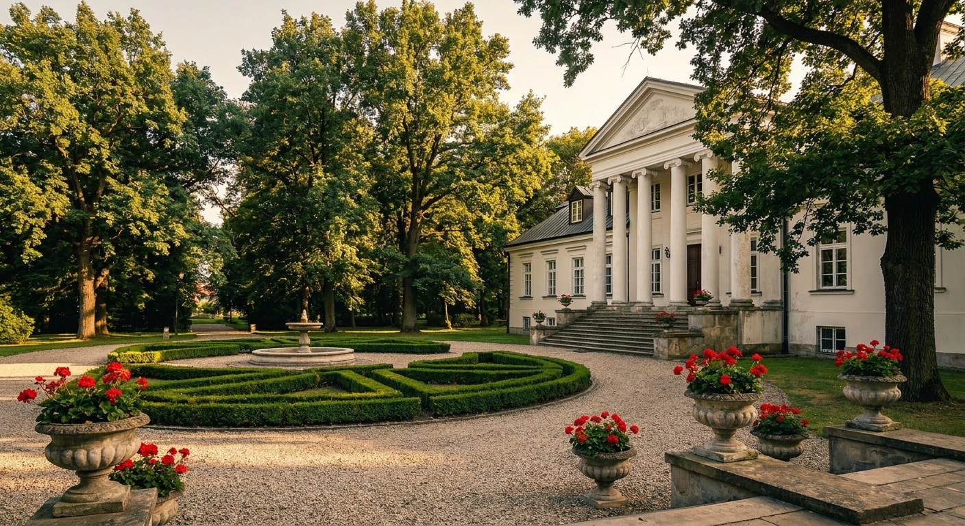 Luksusowy ogród z perfekcyjnym trawnikiem